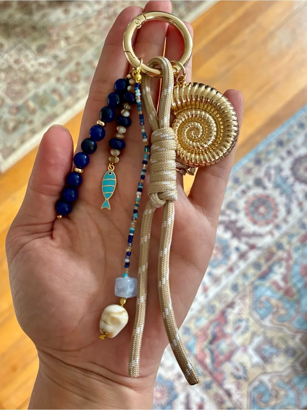 Gold & Blue Nautical Bead Keychain Charm
